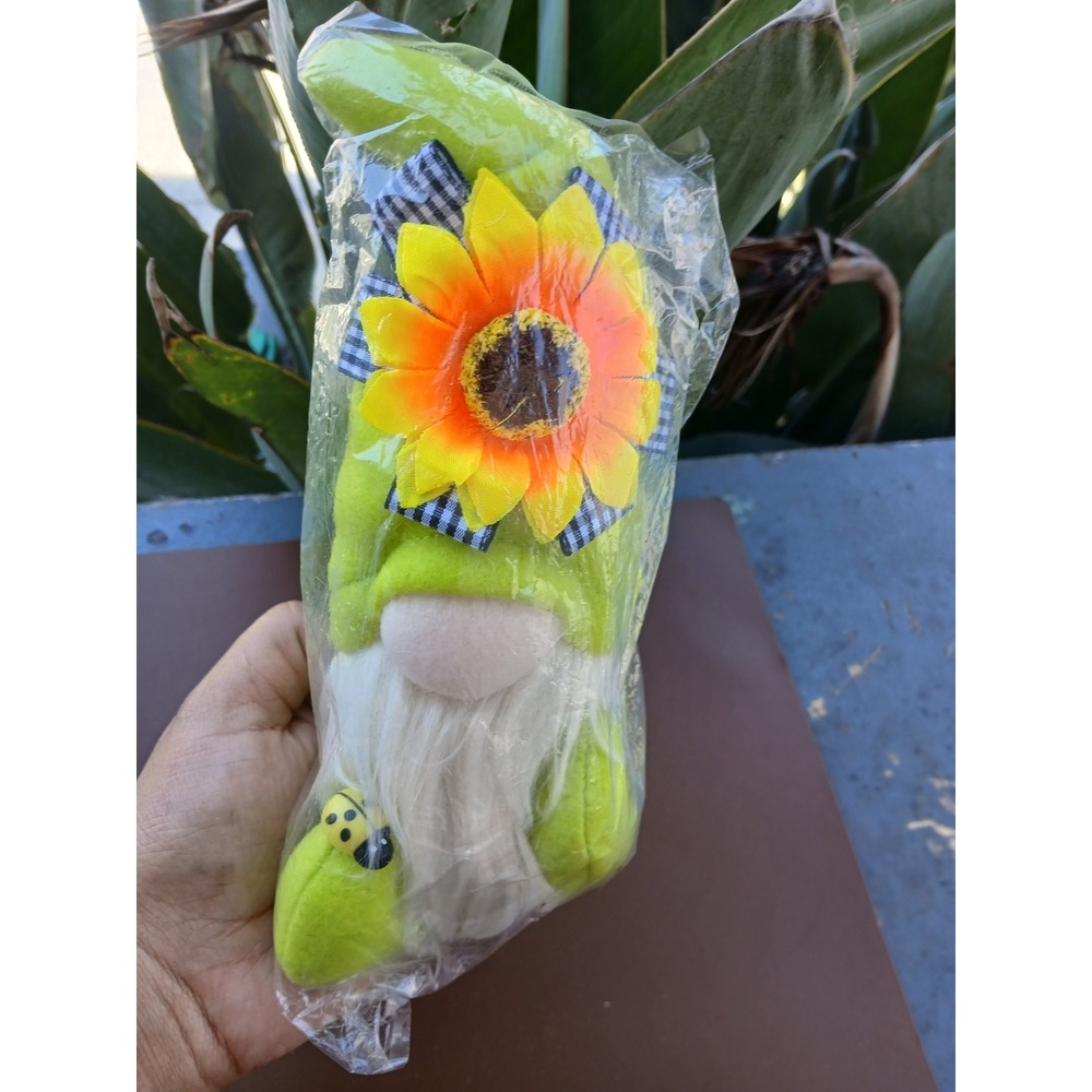 Spring Sunflower Garden Gnome Plush Decor Lime Green Ladybug Farmhouse 8 Inch